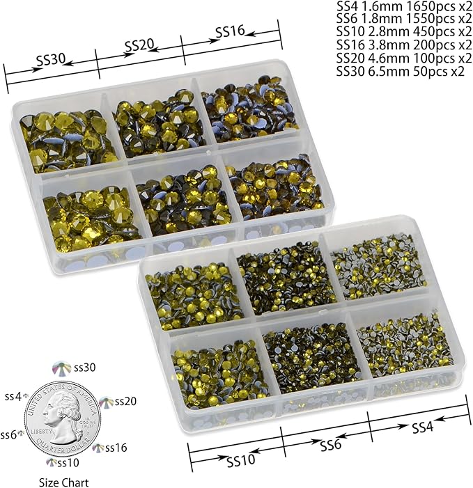 8000pcs Hotfix Rhinestones Flatback,Rhinestones for Crafts Clothes Mixed 6 Sizes, Hotfix Crystals with Wax Pencil Kit, SS4-SS30,Olivine