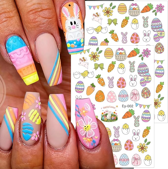 6 Sheets Easter Nail Stickers Cute Flower Carrot Chick Rabbits Nail Art Stickers 3D Self-Adhesive Easter Egg Nail Decals Cartoon Bunny Nail Design Supplies for Women DIY Holiday Nail Art
