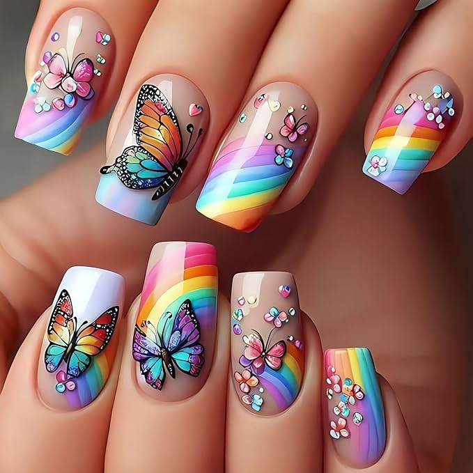 Medium Press on Nails Coffin Shaped Fake Nails with Butterfly Designs Full Cover Stick on Nails Spring Colorful Flower False Nails Flower Glue on Nails for Women and Girls Manicure Kit 24Pcs