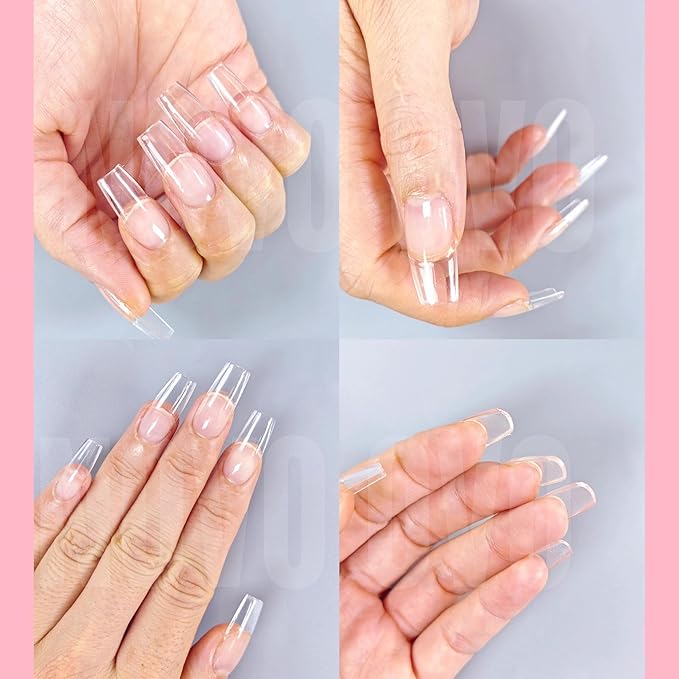 NOVO OVO Medium Square Nail Tips Extra Thick Press on No C Curve, Soft Gel Natural Fake Nail Extension, Full Cover Clear False Nails for Acrylic, French Manicure Salon DIY x 14 Sizes 224 pcs