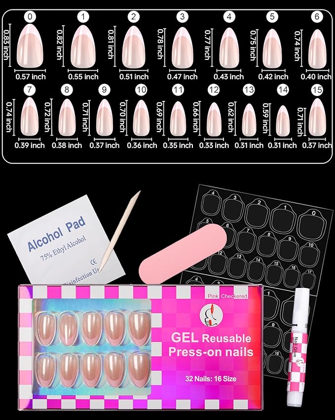 16 Size Chrome White French Tip Almond Press On Nails,32 Pcs Salon Quality Glossy Short Glue on Gel Nails (Pink on Pink French Tip)