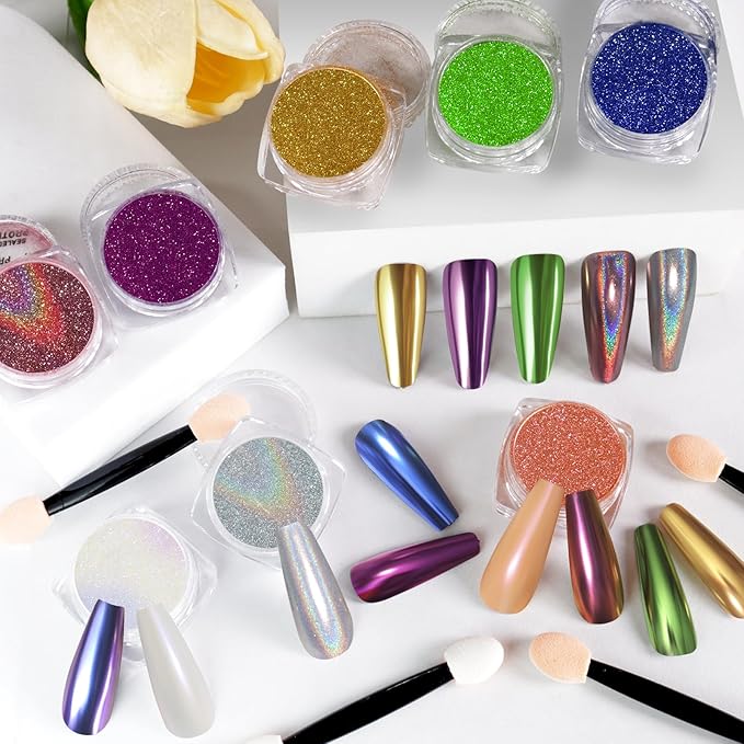 SIUSIO 16 Jars Chrome Nail Powder Nail Art Glitter Decoration Metallic Mirror Effect Holographic Aurora Chameleon Pigment Powder Kit 0.35g/Jar Pearl for Resin Craft & Nail Art