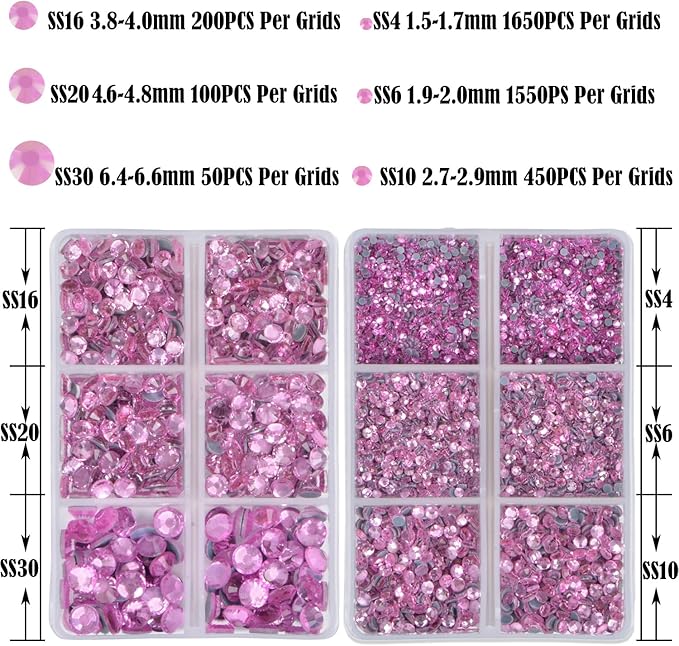 NCB Hotfix Iron on 8000pcs Crystal Rhinestones Round Gem for Crafts Decoration DIY Jewelry Making with a Tweezers and 2 Picking pens (Lt. Rose, 6Sizes SS4-SS30)