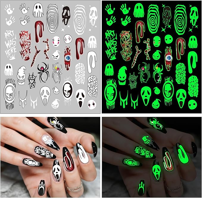 Glow Halloween Nail Art Stickers, Luminous Nail Sticker Decals for Girl Women, Scary Skull Bat Pumpkin Ghost Cat Words Nail Stickers for Nail Art Kids Party Gifts Decoration Self-Adhesive, 9 Sheets