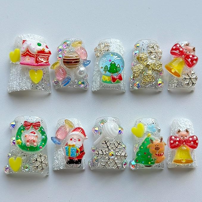 Christmas Luxury Press on Nails Short Duck Handmade 3D Unique Reusable ABS Material Fake Nails Cute False Nails with Santa Reindeer Tree Snowflake Bow Glossy Glue on Nail Thick Acrylic Nail(M)
