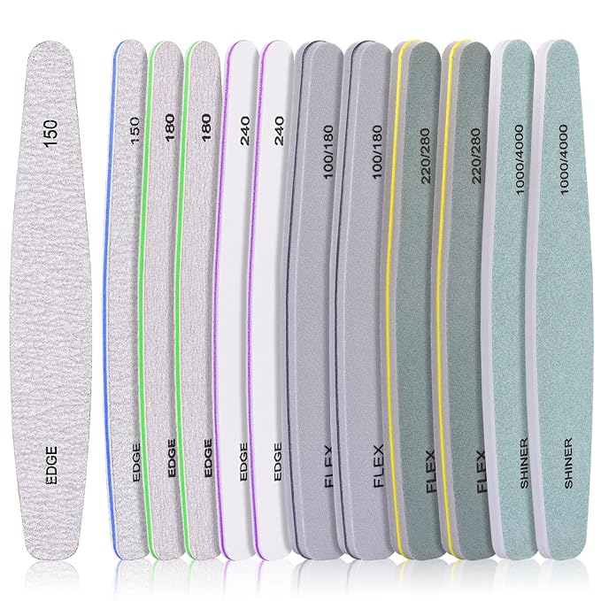 MORGLES Nail File Buffer, Professional 12 Pcs Emory Nail File and Buffer for Acrylic/Natural/Gel Nails (100/150/180/220/240/280/1000/4000 Grit)