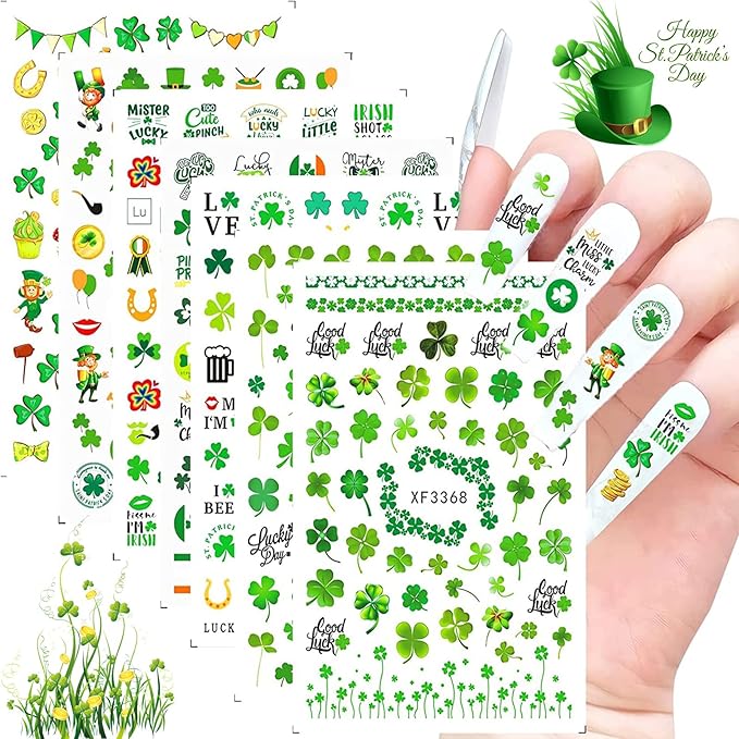 10 Sheets St Patrick’s Day Nail Art Stickers 3D Self-Adhesive Shamrock Nail Decals Green Clover Gold Hat Letters Nail Art Design Irish Nail Stickers for Women Kids Girls Nail Supplies Decorations