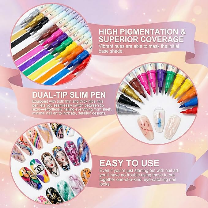 12 Colors Double-Ended Nail Art Markers Set, 3D Nail Polish Pens with Liner Brush & Drawing Tip, Professional DIY Manicure Painting Tools, Valentine's Day Gifts for Her, Nail Decoration Kit