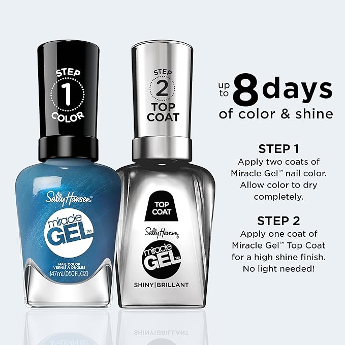 Sally Hansen Miracle Gel Wild at Heart Salon Quality Nail Polish | Gel-Like Formula, Two-Step System, No UV Light Needed, Long Lasting | Opaque, Shimmery | 644 Distressed Denim | Aqua Blue Nail Polish