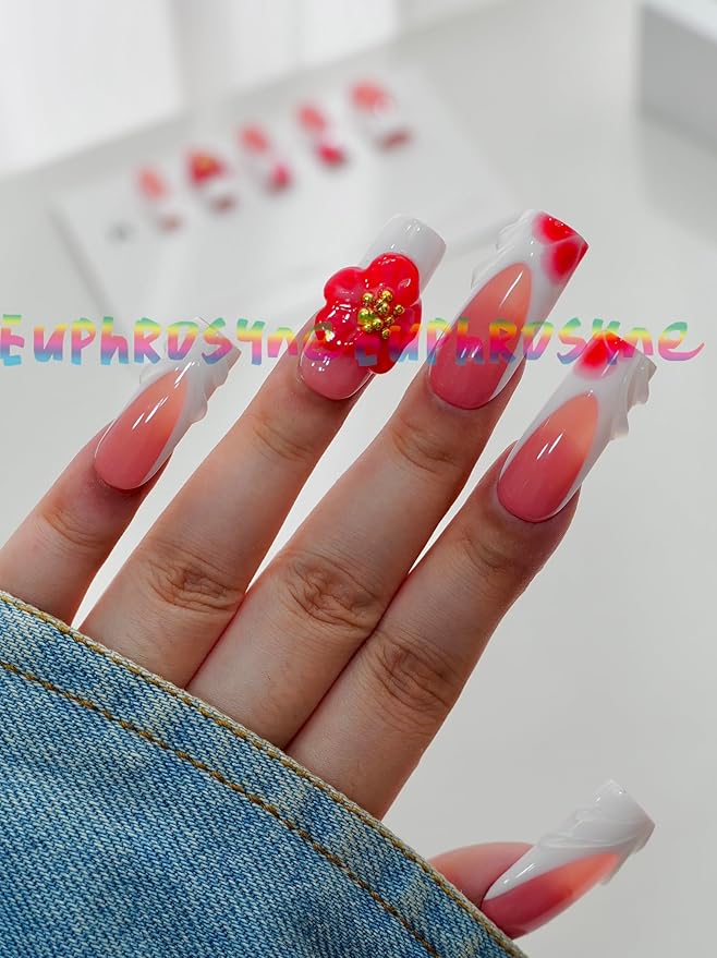 10PCS Red and White Press On Nails – Short Coffin Fake Nails with Swirl Design and 3D Flower Charms, Glossy Reusable Cute Nails for Women and Girls – Euphrosyne
