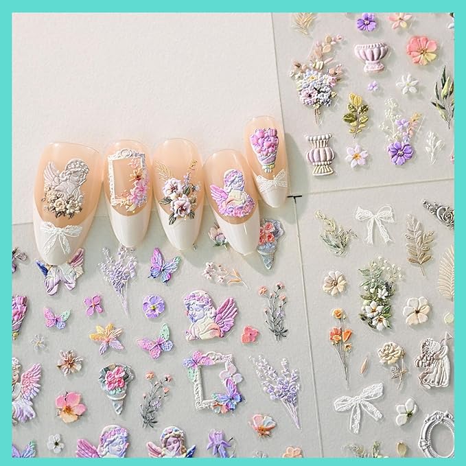 Angel Garden Nail Art Stickers, Rose Flower Nail Decals, Self-Adhesive,Summer Spring Nail Accessories for Women, Nail Decorations 3 Sheets