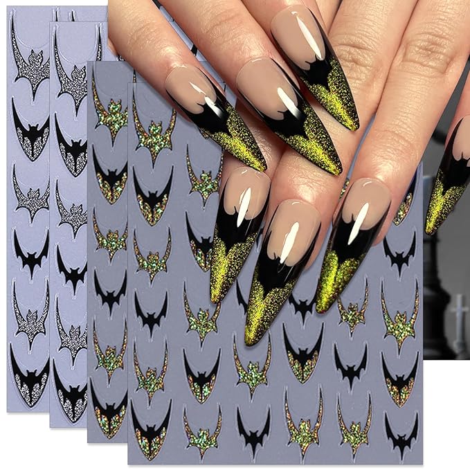 Halloween Bat Nail Stickers, Glitter Golden & Silver French Smile Bat Self-Adhesive Nail Art Decals for DIY Manicure (4 Sheets)