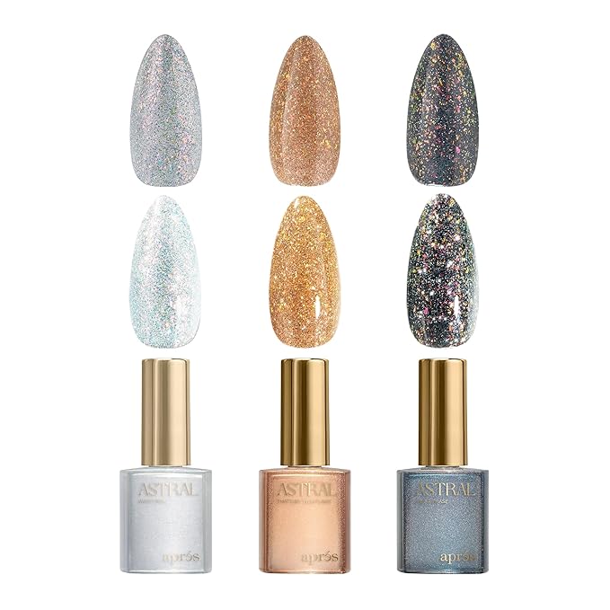 APRÉS Astral Gel Color Set, 3 Colors, HEMA-Free & TPO-Free Salon Quality Nail Gel Polish Trio Bundle (Astral Flash Glitter, Set1)