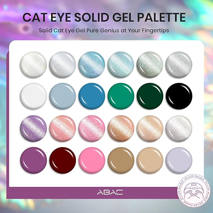 ABAC 24-Color Magnetic Cat Eye Gel Polish Set,Winter Collection Solid No-Spill Cream Gel with Pro Brush,HEMA-Free Cruelty-Free Nail Art Kit