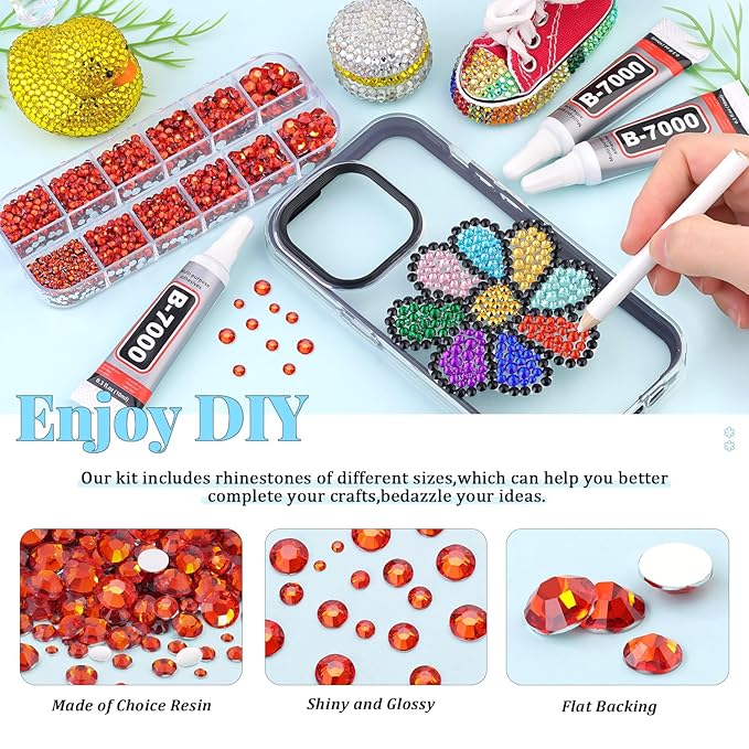 12000Pcs Resin Rhinestones for Bedazzling with 3Pcs B7000 Jewelry Glue, 2 Boxes Red Zircon Flatback Rhinestones for Crafting Crafts DIY, Crystals Gems for Clothing Shoes Tumblers Nail Art Makeup