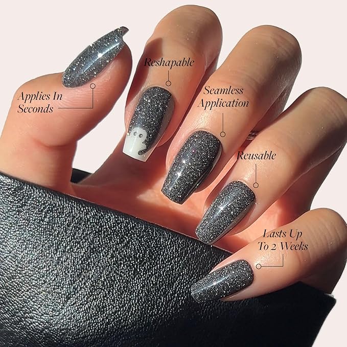 Glamnetic Press On Nails - Phantom Glow | Opaque Black Glitter & Glow-in-the-Dark Ghost Medium Coffin Fake Halloween Nails, Salon Quality | 15 Sizes - 30 Nail Kit