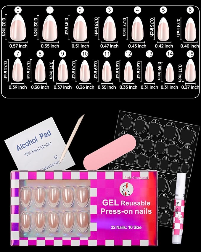 16 Size Chrome White French Tip Almond Press On Nails,32 Pcs Salon Quality Glossy Short Glue on Gel Nails (Chrome French White Tip)