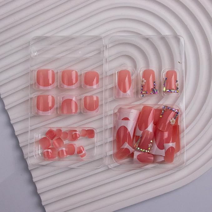 Duck Shaped Press on Nails Short & Press on Toenails Set, White French Tip Press on Nails with Rhinestone Design Glue on Nails Short Press on Toenails Full Cover Stick on Nails for Women 48Pcs