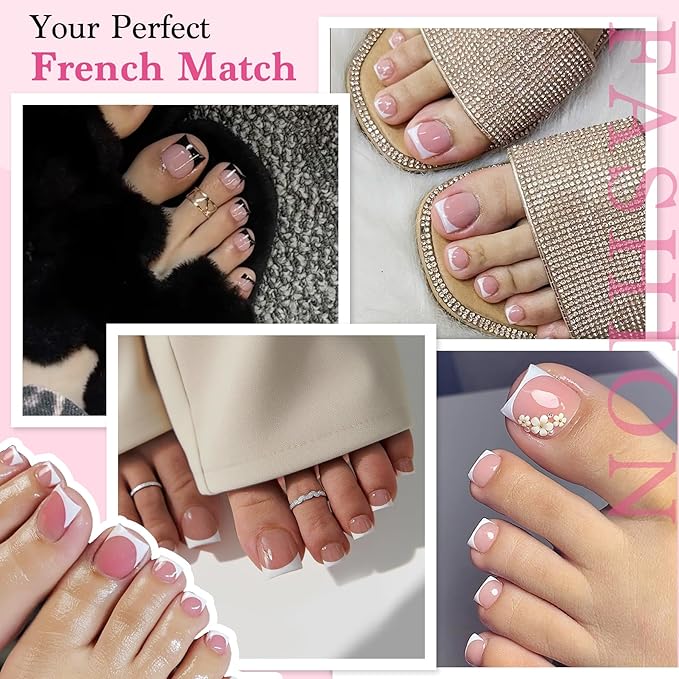 Toe Nail Press Ons French Tip, Sharp Square Berry Pink Pre-Designed Fake Toenail Press On for Women DIY, Soft False Acrylic Nail Extension 15 Sizes, 270 Pcs - Builder Nail Gel & Top Coat Needed