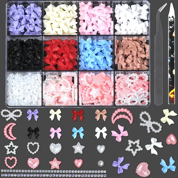 HNUIX 3D Nail Charms and Flatback Pearls - Pink & White Heart, Moon, Bow, Hollow Bow Star Pearls; 50 Pieces Gemstone Nail Rhinestones Set with Tweezers and Pickup Tools