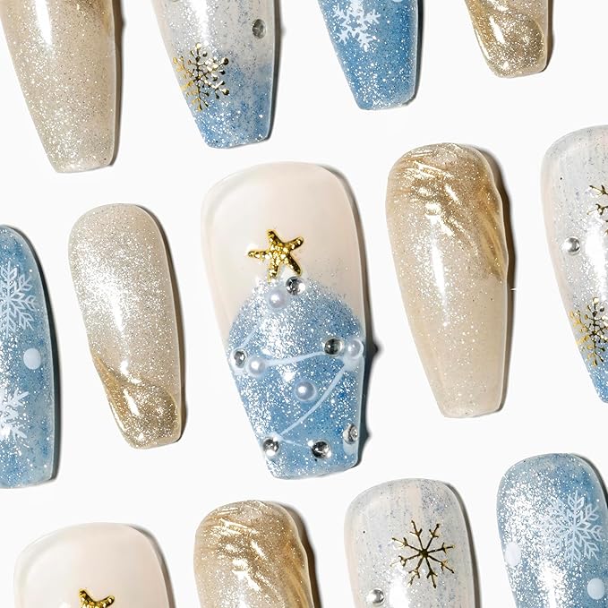 Sun&Beam Nails Handmade Press-on Medium Long Coffin Ballerina Blue White Gold Green Glitter Winter Christmas Design False Nail Tips 10 Pcs (#143 L)