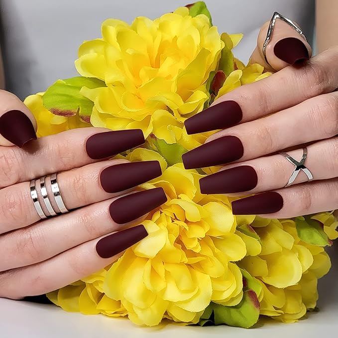 Hypnaughty 24 Pcs Maroon Xtreme Red Matte Coffin Press on Nails with Glue Medium Long Fake Nails Full Cover (Maroon Xtreme)