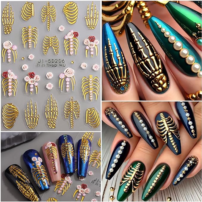 5 Sheets Halloween Nail Art Stickers Decals 5D Nail Decals Gold White Bone Pattern Sticker Self-Adhesive Skull Nails Supplies Accessories 3for Women Halloween Nails DIY Decoration