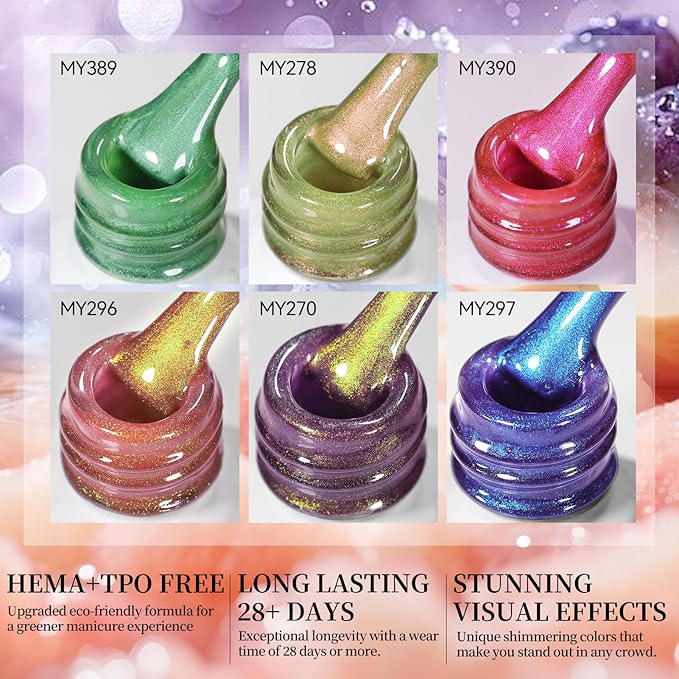 Born Pretty Fruit Colors Cat Magnetic Eye Gel Nail Polish Set,6 Colors Spring Summer Rose Pink Green Grape Purple Crystal Glass Magnetic Shimmer Glitter Gel Polish for Salon Manicure DIY 7ML