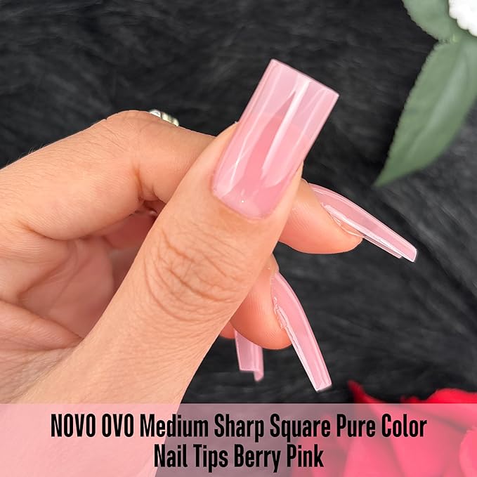 NOVO OVO Meidum Sharp Square Nail Tips Press on Pure Color BERRY PINK, Extra Thick NEED Builder Gel Top Coat Glue Soft Gel Matte Fake Nail Extension,Full Cover False Nails for Salon DIY 15 Sizes 180pc
