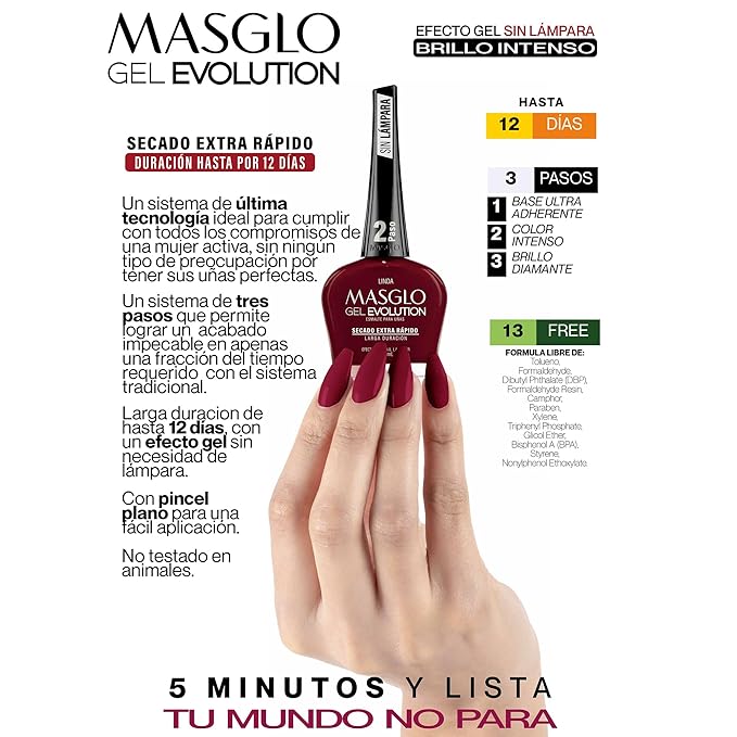MASGLO GEL EVOLUTION Nail Polish Gel Effect, No UV/Led Lamp Required, Duration up to 12 day, 1 peice color (ESPIRITUAL) Gel sin necesidad de lampara UV/Led, hasta 12 dias de duracion