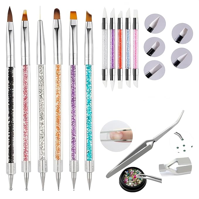 12PCS Professional Nail Art Brush Set,Crystal Handle Liner Brushes,Acrylic & Gel Nail Brush,Double-ended Silicone Nail Sculpture Pen Tools,Nail Sculpture Pincher Tweezer for Manicure,Home Salon Kit