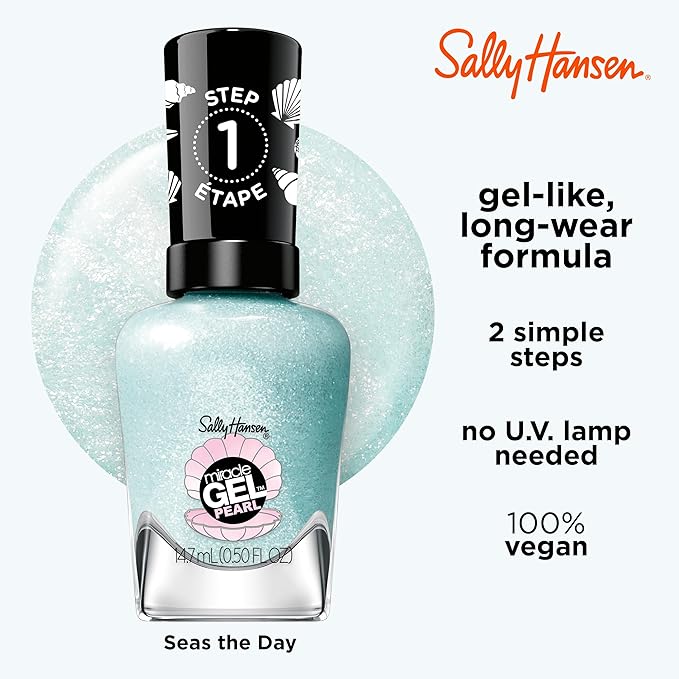 Sally Hansen Miracle Gel Pearls Salon Quality Nail Polish | Gel-Like Formula, Two-Step System, No UV Light Needed, Long Lasting |Semi Opaque, Shimmery | 903 Seas The Day | Blue Nail Polish