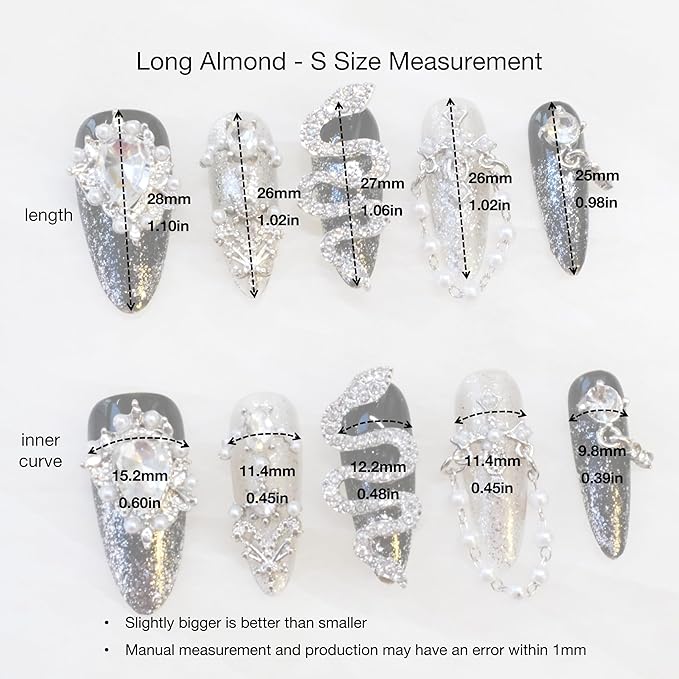 Luxury Long Almond Press-On Nails, Black and Silver Glitter with 3D Rhinestones and Pearl Accents, Handmade False Nail 10 Pieces (Small, LS)