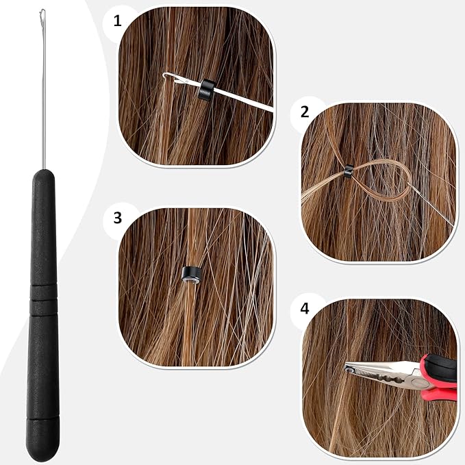 Hair Extension Tools Kit, 600 Silicone Lined Micro Rings, 1 Plier, 2 Hook Needle Pulling Loop, 10 Curved Hair Needle, 4 Metal Hair Clips, 1 Comb, 3 Sewing Threads, 200 Mini Rubber Bands
