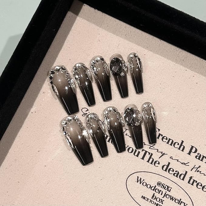 Long Ballerina Press-On Nails, Black Gradient with Silver Diamond Design, 10 Pieces (Medium, LS)