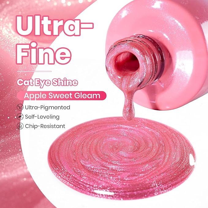 Beetles Apple Sweet Gleam Pink Cat Eye Gel Nail Polish - 15ML Glitter Pink Cat Eye Spring Gel Polish Magnetic Shimmer Effect Soak Off UV Nail Art Design Salon DIY Manicure Gift for Women