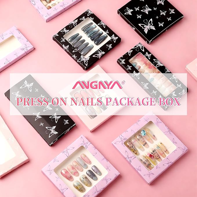 ANGNYA 72PCS Empty Press On Nail Packaging Box Contains 35PCS Butterfly Press On Nail Boxes, 35PCS White Display Cards, 2PCS Double Sided Tapes, Nail Tip Storage Case for Press-on Nail Business