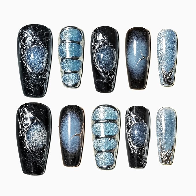 Sun&Beam Nails Handmade Press-on Medium Long Coffin Ballerina Blue Sliver Black Y2K Gradation Design False Nail Tips 10 Pcs (#138 M)