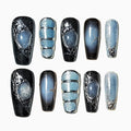 Sun&Beam Nails Handmade Press-on Medium Long Coffin Ballerina Blue Sliver Black Y2K Gradation Design False Nail Tips 10 Pcs (#138 XS)
