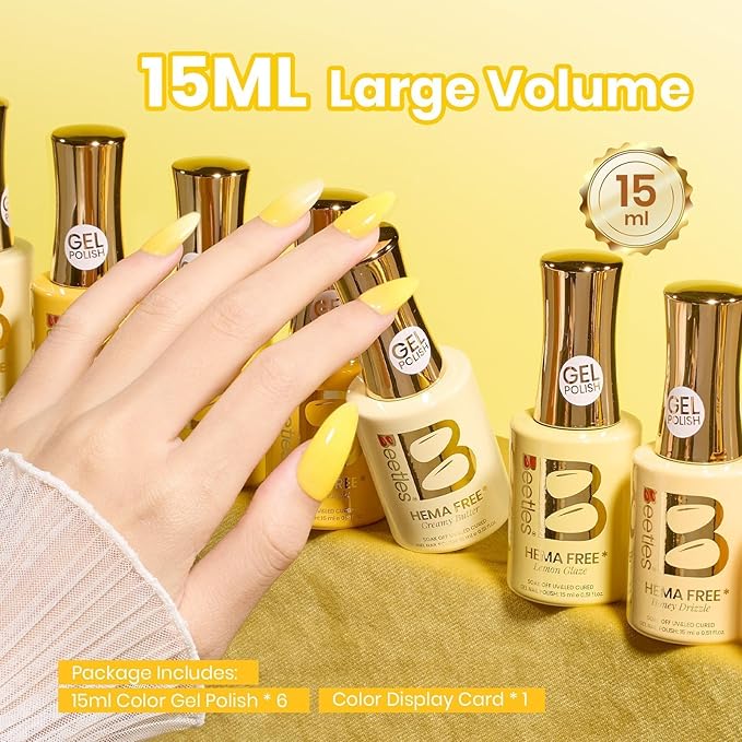 Beetles Yellow Gel Nail Polish Set - Sunny Pantry with Color Card, 6Colors HEMA FREE Yellow Gel Nail Polish Set 15ML/0.51FlOz, Same Color Bottle, Long-Lasting Soak Off UV Lamp Summer Spring Nails Art