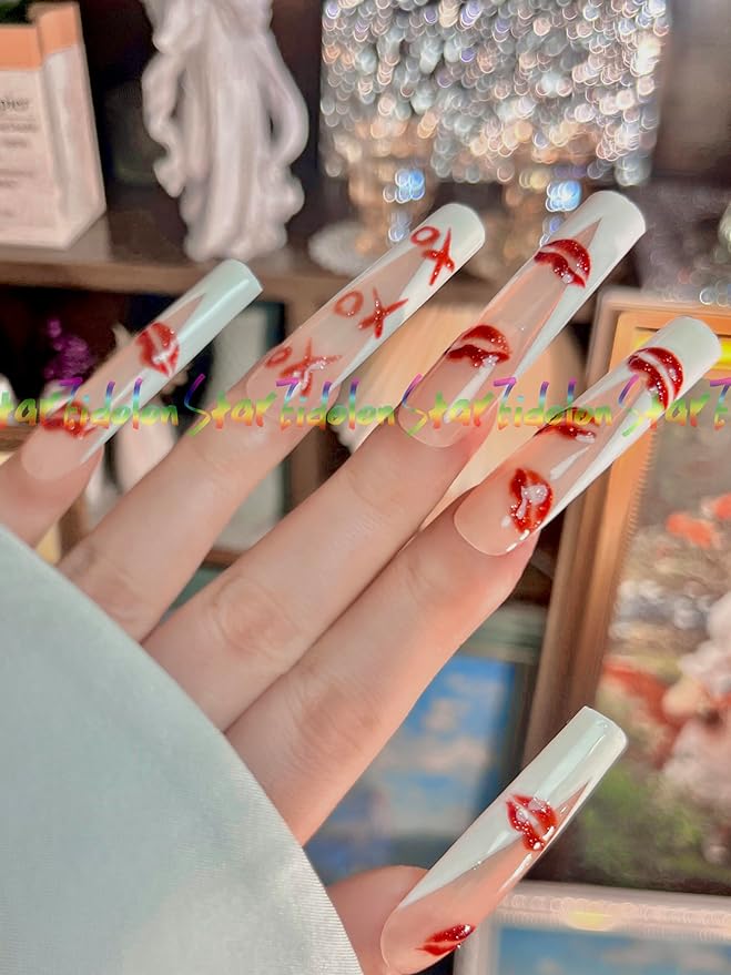 HAND-PAINTED White Press Ons Neon Small Press on Nails Long French Press on Nails Coffin Medium Short Nail art Fake Nail Art Kit with 7g Glue on Nails Handmade Almond Square Nails (Small, J16)