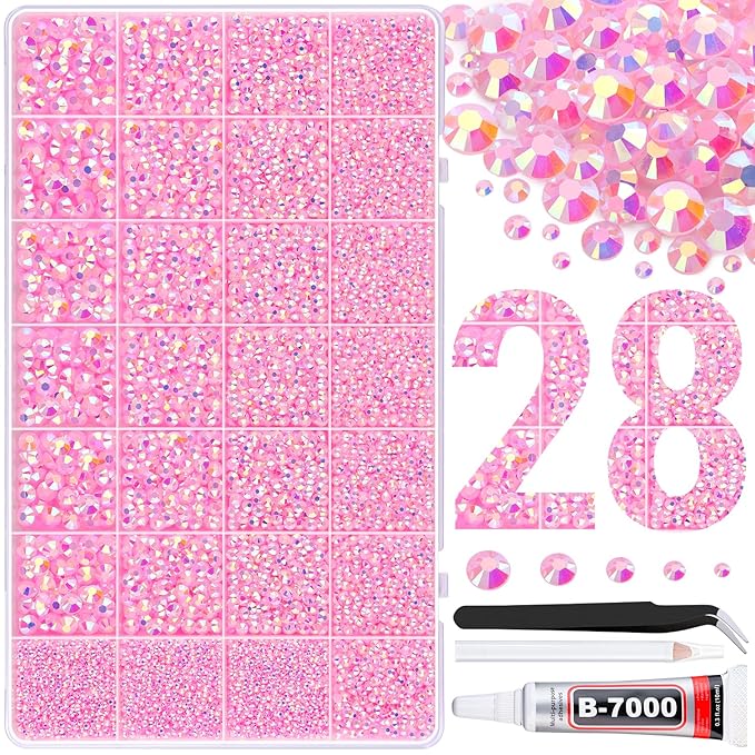 30000Pcs Resin Rhinestones for Bedazzling with Tweezers, Light Pink AB Rhinestones for Crafting with B7000 Jewelry Glue for DIY Crafts Clothing Tumblers Shoes Fabric Nail Art