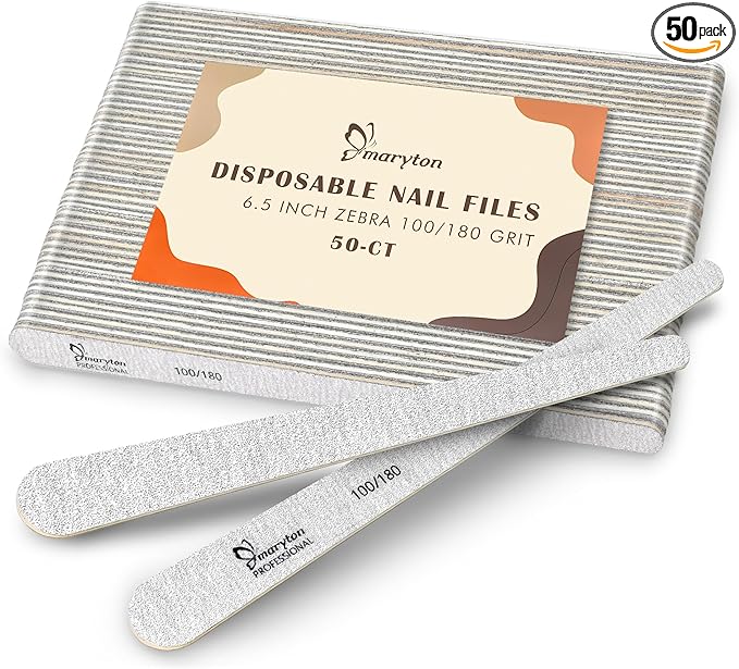 Maryton Disposable Professional Nail Files, 6.5’’ L x 0.5’’ W Teardrop Shape, 100/180 Grit Thin Emery Boards for Nails Manicure Pedicure Tools 50Pcs