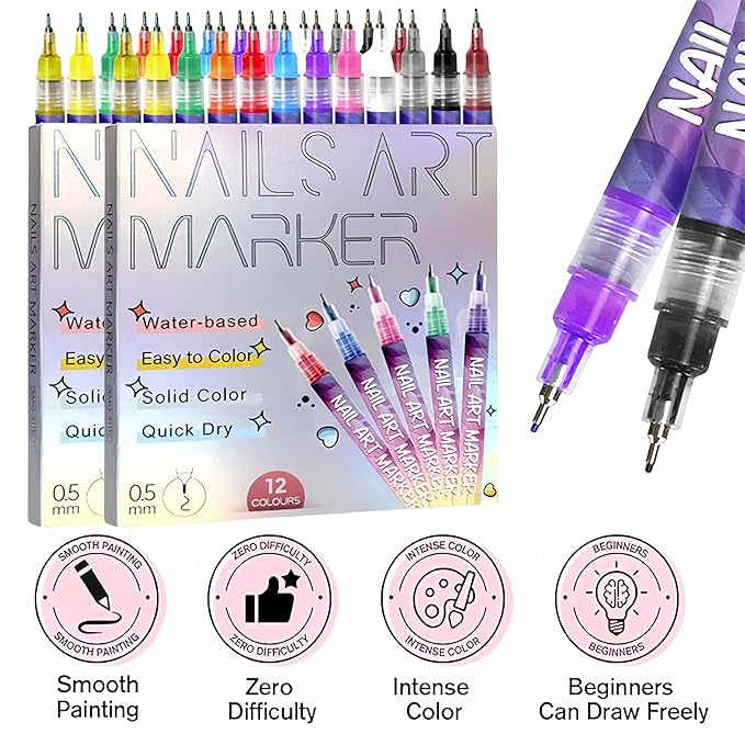 Nail Art Markers for Gel Nails,12 Colors Nail Art Pens Set DIY Nail Art Marker Drawing Painting 3D Nail Polish Pens, Quick Dry Graffiti Dotting Point Liner Pens for DIY Nail Art (12 Pcs)