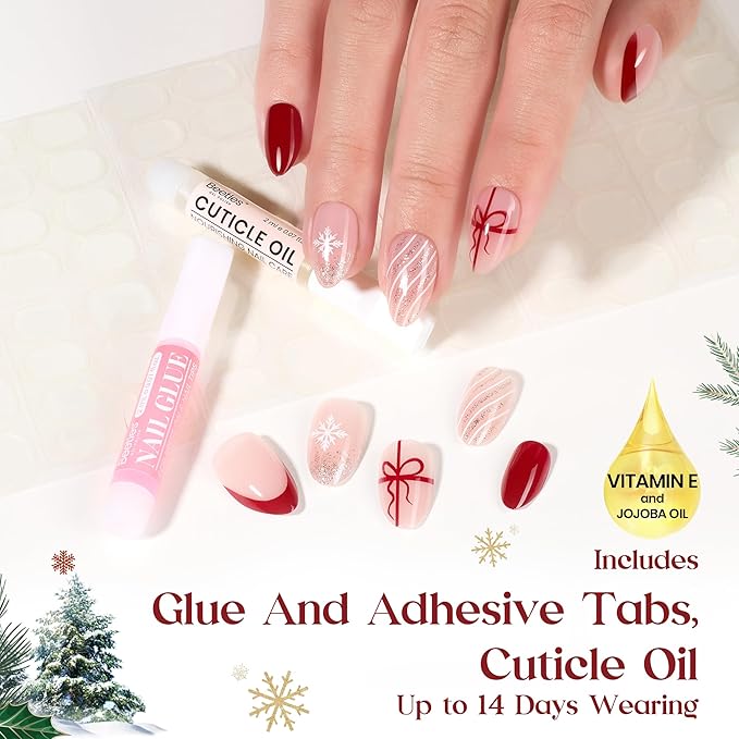 Beetles Christmas Press On Nails - Christmas Bow | Short Almond Press On Nails | 32Pcs 16 Sizes Natural Salon Quality Red French Nail Tips With Quick-drying Nail Glue For Women