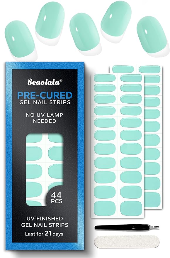 Pre Cured Gel Nail Strips - 44PCS Salon Quality Gel Nail Stickers - Long Lasting Polish Wraps for Women no UV Light Needed Easy Apply & Remove (Honeydew Green)