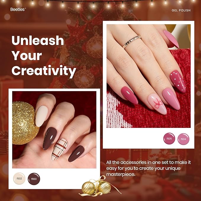 Beetles Gel Nail Polish Kit - 23Pcs Burgundy Red Brown Orange Purple Colors Gel Polish Set Brown Gray Blue Green Soak Off Uv Gel Base Top Coat Gifts for Girls Glowing Attraction