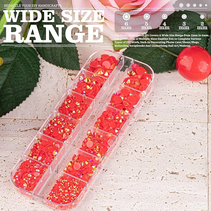 Resin Rhinestones for Crafting, 2/3/4/5/6mm Flatback Jelly Rhinestones, 1 Box Red AB Non Hotfix Crystal Gems for Bedazzling Crafts Mugs Tumblers Clothes Makeup Nail