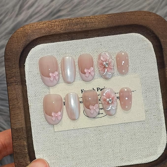 Pink French Tips Press on Nails Short Oval 10 Pcs with Tool Kit,3D Flower Fake Nails with Gel Effect,Handmade Pink Sweet Cute Nails with Bow & Dots Designs,Easy Press ons Whitening Nails(L)