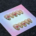 100% Handmade Press on Nails Medium Almond Handmade Nails with Pink Flower Charm Design Leopard Prints French Tip Fake Nails Glossy Skin Tone Nail Press ons Spring Summer Nail for Women Size L 10Pcs